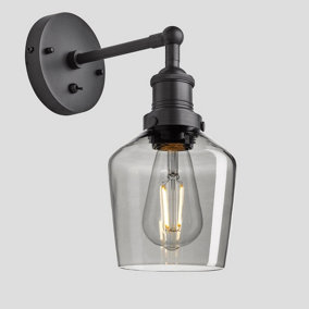 Industville Brooklyn Tinted Glass Schoolhouse Wall Light, 5.5 Inch, Smoke Grey, Pewter Holder