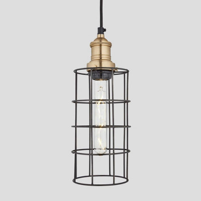 Industville Brooklyn Wire Cage Pendant, 5 Inch, Pewter, Cylinder, Brass Holder