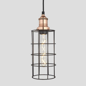 Industville Brooklyn Wire Cage Pendant, 5 Inch, Pewter, Cylinder, Copper Holder