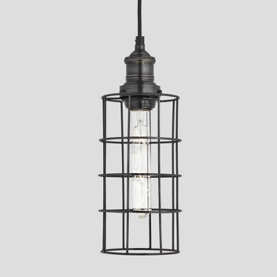 Industville Brooklyn Wire Cage Pendant, 5 Inch, Pewter, Cylinder, Pewter Holder