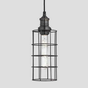 Industville Brooklyn Wire Cage Pendant, 5 Inch, Pewter, Cylinder, Pewter Holder