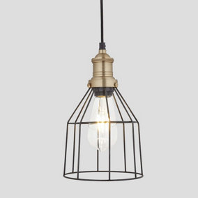 Industville Brooklyn Wire Cage Pendant, 6 Inch, Pewter, Cone, Brass Holder