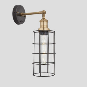Industville Brooklyn Wire Cage Wall Light, 5 Inch, Pewter, Cylinder, Brass Holder