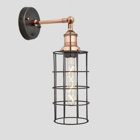 Industville Brooklyn Wire Cage Wall Light, 5 Inch, Pewter, Cylinder, Copper Holder