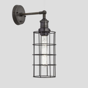 Industville Brooklyn Wire Cage Wall Light, 5 Inch, Pewter, Cylinder, Pewter Holder