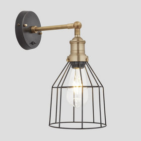 Industville Brooklyn Wire Cage Wall Light, 6 Inch, Pewter, Cone, Brass Holder