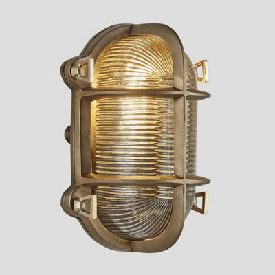 Industville Bulkhead Outdoor & Bathroom Oval Light, 6 Inch, Brass, Back  Wiring, Ribbed Glass