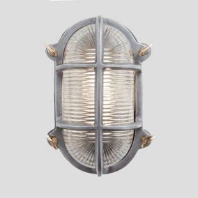Industville Bulkhead Outdoor & Bathroom Oval Light, 6 Inch, Gunmetal, Back Wiring, Ribbed Glass