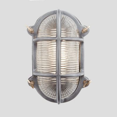 Industville Bulkhead Outdoor & Bathroom Oval Light, 6 Inch, Gunmetal, Side Wiring, Ribbed Glass