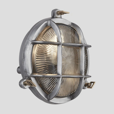 Industville Bulkhead Outdoor & Bathroom Round Light, 8 Inch, Gunmetal, Back Wiring, Ribbed Glass