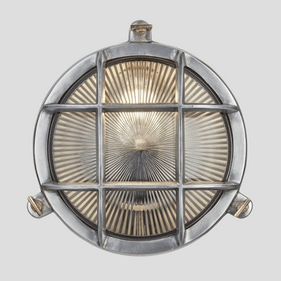 Industville Bulkhead Outdoor & Bathroom Round Light , 8 Inch, Gunmetal, Side Wiring, Ribbed Glass