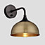 Industville Chelsea Dome Wall Light, 8 Inch, Brass, Black Holder