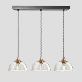 Industville Chelsea Tinted Glass Dome 3 Wire Cluster Lights, 8 inch, Smoke Grey, Brass holder