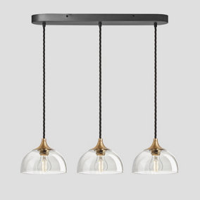 Industville Chelsea Tinted Glass Dome 3 Wire Oval Cluster Lights, 8 inch, Smoke Grey, Brass holder