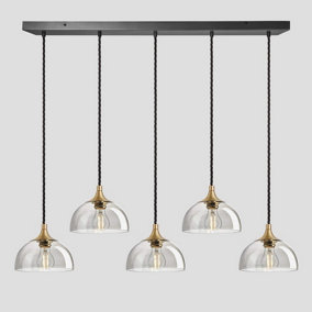 Industville Chelsea Tinted Glass Dome 5 Wire Cluster Lights, 8 inch, Smoke Grey, Brass holder