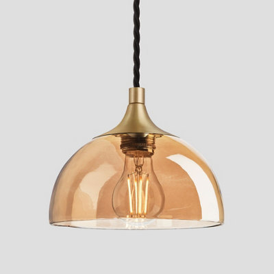 Industville Chelsea Tinted Glass Dome Pendant, 8 Inch, Amber, Brass Holder