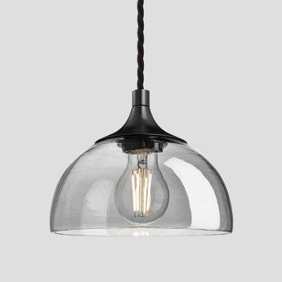 Industville Chelsea Tinted Glass Dome Pendant, 8 Inch, Smoke Grey, Black Holder