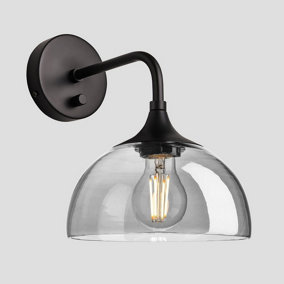 Industville Chelsea Tinted Glass Dome Wall Light, 8 Inch, Smoke Grey, Black Holder