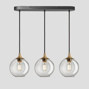 Industville Chelsea Tinted Glass Globe 3 Wire Oval Cluster Lights, 7 inch, Smoke Grey, Brass holder