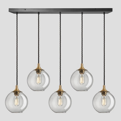 Industville Chelsea Tinted Glass Globe 5 Wire Cluster Lights, 7 inch, Smoke Grey, Brass holder