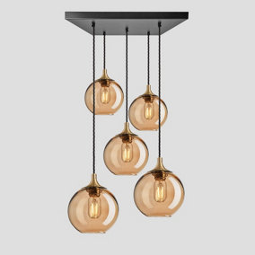 Industville Chelsea Tinted Glass Globe 5 Wire Square Cluster Lights, 7 inch, Amber, Brass holder