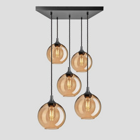 Industville Chelsea Tinted Glass Globe 5 Wire Square Cluster Lights, 7 inch, Amber, Pewter holder