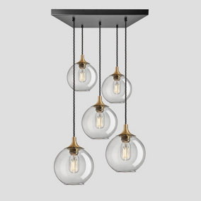 Industville Chelsea Tinted Glass Globe 5 Wire Square Cluster Lights, 7 inch, Smoke Grey, Brass holder