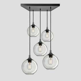 Industville Chelsea Tinted Glass Globe 5 Wire Square Cluster Lights, 7 inch, Smoke Grey, Pewter holder