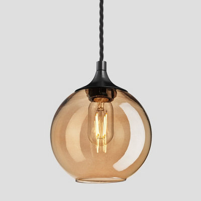 Industville Chelsea Tinted Glass Globe Pendant, 7 Inch, Amber, Black Holder