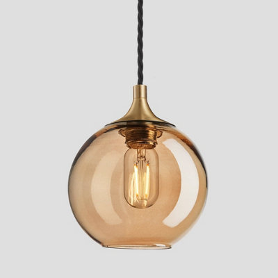 Industville Chelsea Tinted Glass Globe Pendant, 7 Inch, Amber, Brass Holder