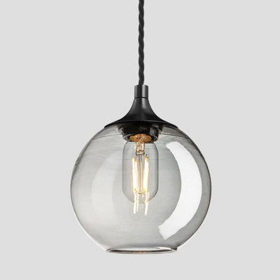 Industville Chelsea Tinted Glass Globe Pendant, 7 Inch, Smoke Grey, Black Holder