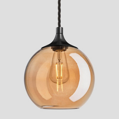 Industville Chelsea Tinted Glass Globe Pendant, 9 Inch, Amber, Black Holder