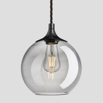 Industville Chelsea Tinted Glass Globe Pendant, 9 Inch, Smoke Grey, Black Holder