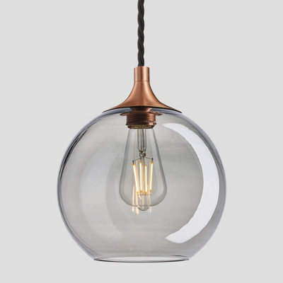 Industville Chelsea Tinted Glass Globe Pendant, 9 Inch, Smoke Grey, Copper Holder