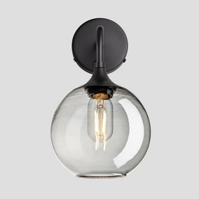 Industville Chelsea Tinted Glass Globe Wall Light, 7 Inch, Smoke Grey, Black Holder
