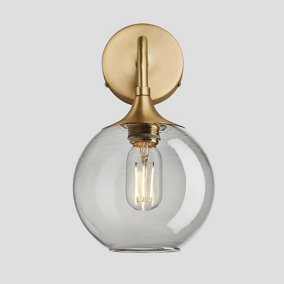 Industville Chelsea Tinted Glass Globe Wall Light, 7 Inch, Smoke Grey, Brass Holder