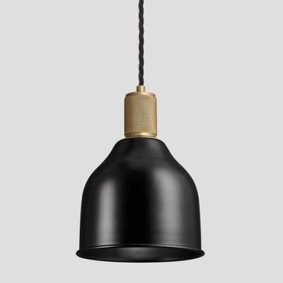 Industville Knurled Cone Pendant Light, 7 Inch, Black, Brass Holder