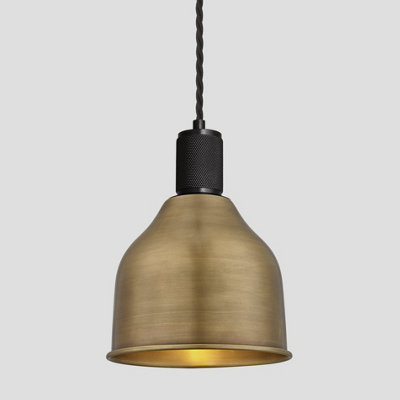 Industville Knurled Cone Pendant Light, 7 Inch, Brass, Black Holder