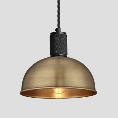 Industville Knurled Dome Pendant Light, 8 Inch, Brass, Black Holder