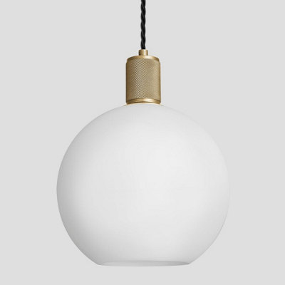 Industville Knurled Opal Glass Globe Pendant Light, 9 Inch, White, Brass Holder