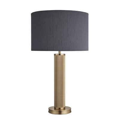 Industville Knurled Pillar Table Lamp, Brass, Grey Large Drum Lampshade