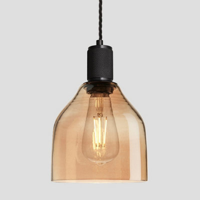 Industville Knurled Tinted Glass Cone Pendant Light, 6 Inch, Amber, Black Holder