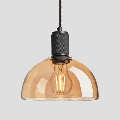 Industville Knurled Tinted Glass Dome Pendant Light, 8 Inch, Amber, Black Holder