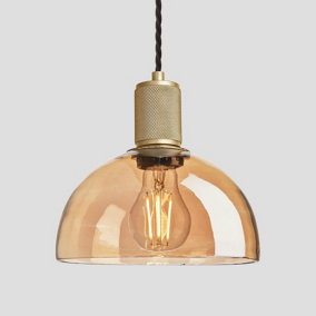 Industville Knurled Tinted Glass Dome Pendant Light, 8 Inch, Amber, Brass Holder
