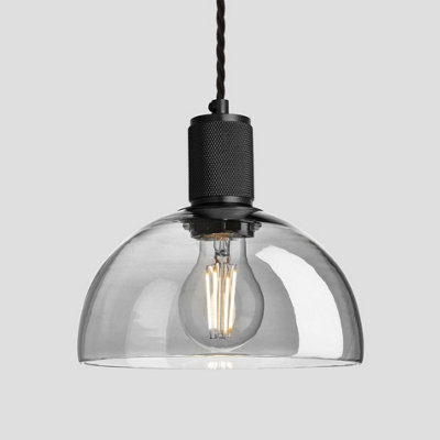 Industville Knurled Tinted Glass Dome Pendant Light, 8 Inch, Smoke Grey, Black Holder