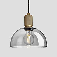 Industville Knurled Tinted Glass Dome Pendant Light, 8 Inch, Smoke Grey , Brass Holder