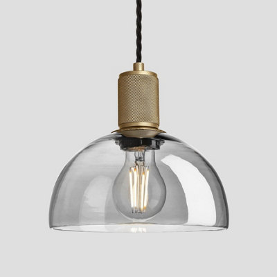 Industville Knurled Tinted Glass Dome Pendant Light, 8 Inch, Smoke Grey , Brass Holder