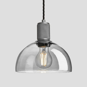 Industville Knurled Tinted Glass Dome Pendant Light, 8 Inch, Smoke Grey, Pewter Holder