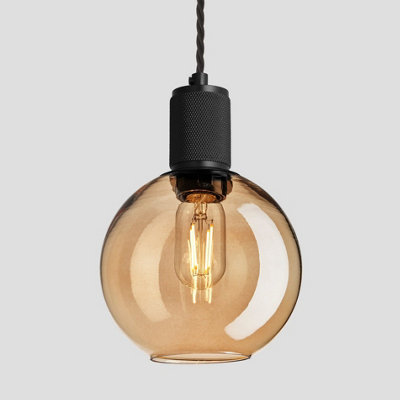 Industville Knurled Tinted Glass Globe Pendant Light, 7 Inch, Amber, Black Holder