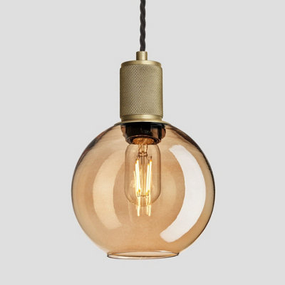 Industville Knurled Tinted Glass Globe Pendant Light, 7 Inch, Amber, Brass Holder